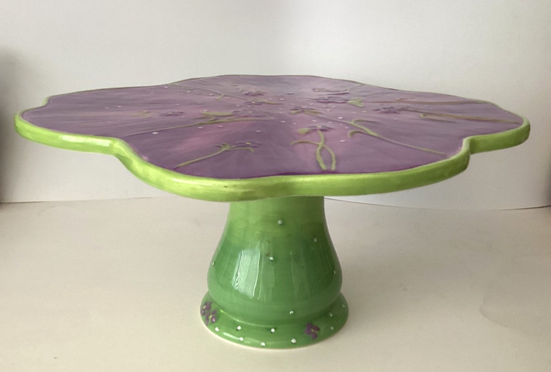 Suzanne Somers Violets Col.High Cake Dessert Stand Plate Handpainted Signed gallery
