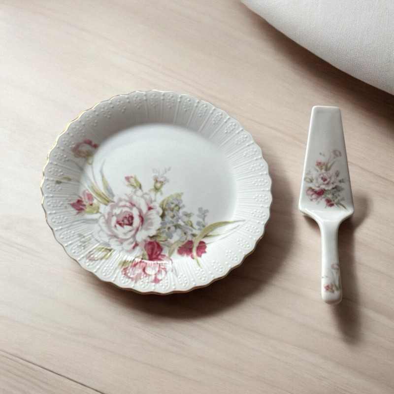 Vintage - Andrea by Sadek Victorian Rose Porcelain Cake Plate with Server gallery