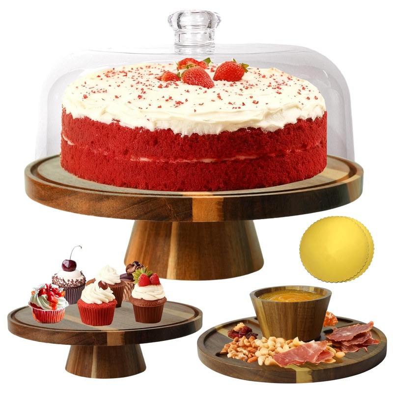 Acacia Wood Cake Stand with Lid, Multi-Functional Cake Display Stand, Flips t…