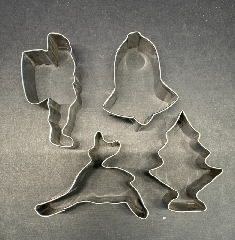 Vintage Christmas Cookie Cutters-4 pc-Santa, Bell, Reindeer, Tree approx 3″