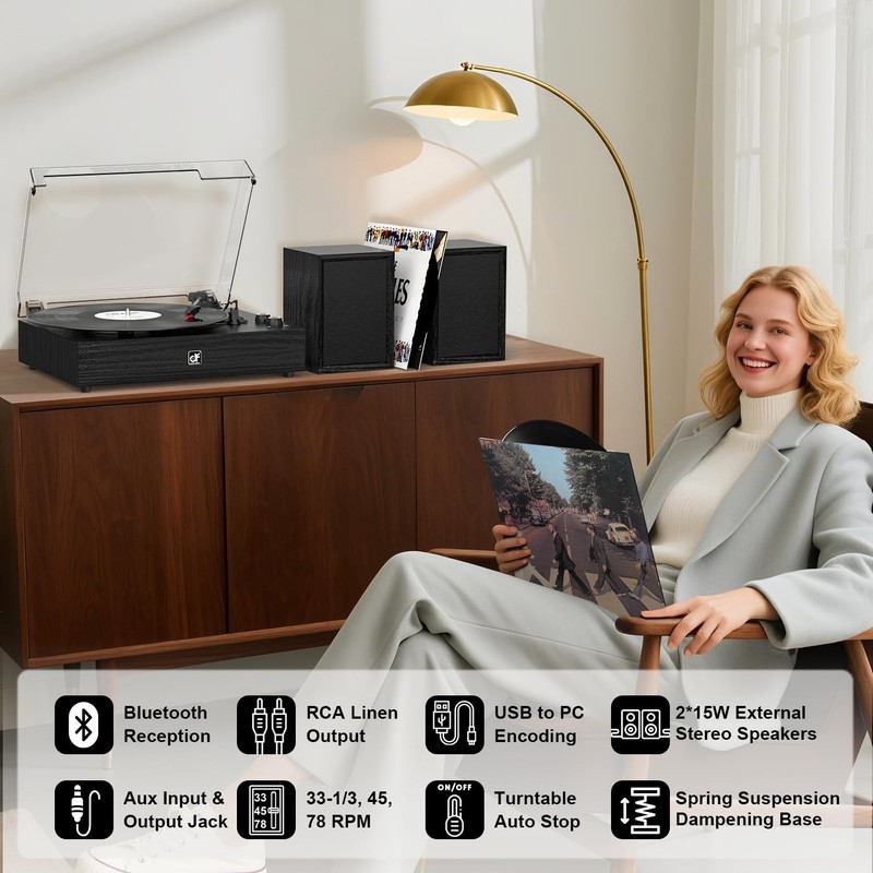 Danfi Audio Df Bluetooth Record Player External Speakers Belt-Drive Turntable gallery