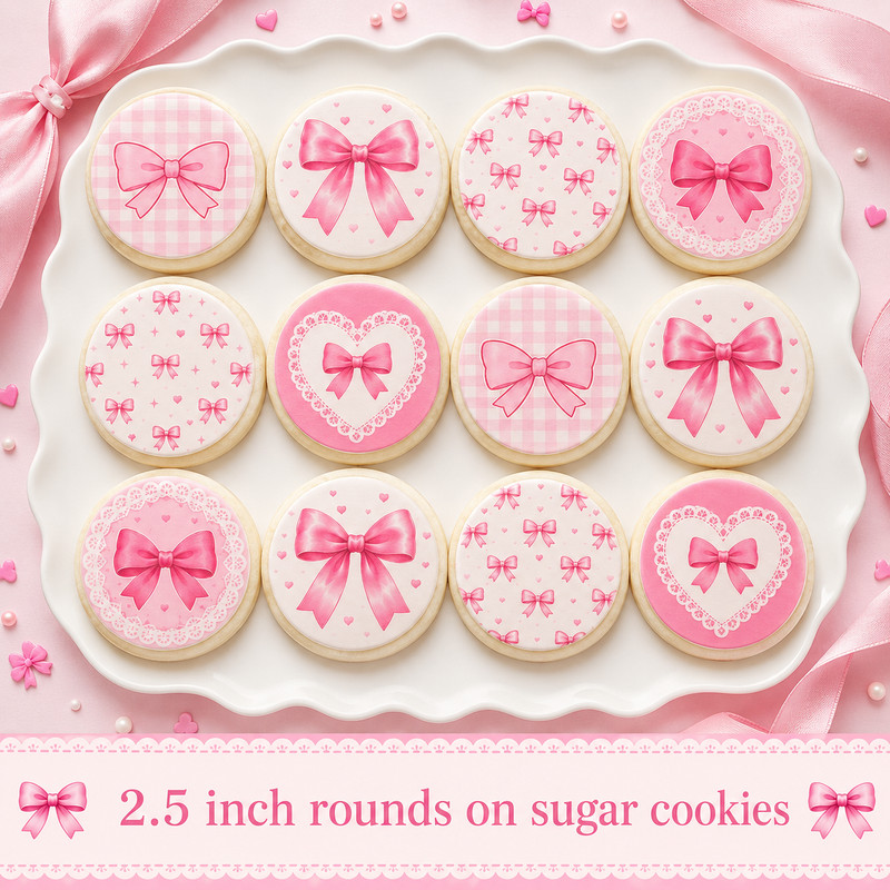 12 count Coquette Bows edible wafer paper image rounds, PRE CUT, choose size
