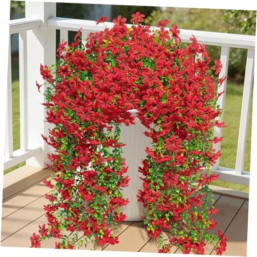 4 Pcs Artificial Hanging Flowers for Outdoors, Realistic Faux Silk Flowers Red gallery