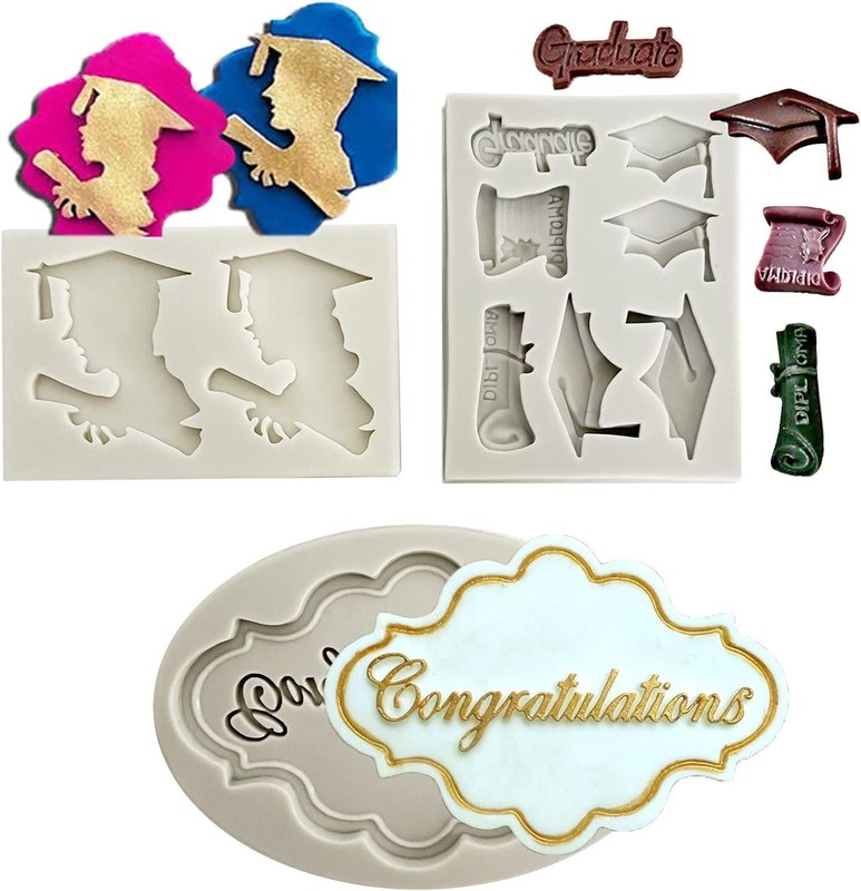 3 PCS Graduation Candy Mold Grad Cap Diploma Doctoral Congratulations Cake