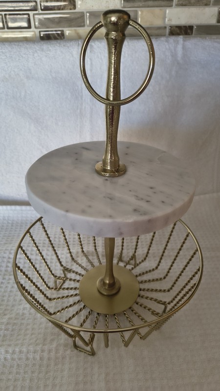 Vintage Marble Gold Tone Wire Fruit Basket Stand Ring Handle 13.5" gallery