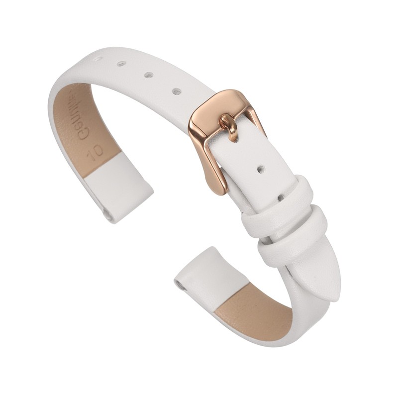 Leather Strap 10mm White Watch Flat/Rose Gold Buckle