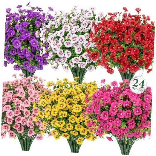24 Bundles Artificial Flowers for Outdoors, Fake Silk Flowers UV Mixed Color