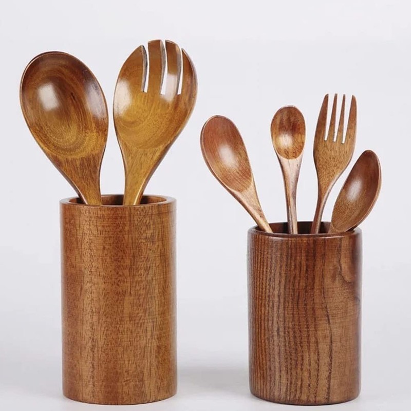 Solid Wood Chopstick Tube Kitchen Utensils Organizer Pen 5.11x3.54x3.54 Inch gallery