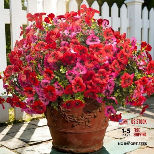 Grunyia Fake Pansy Flowers 16Pcs Artificial Silk Flowers UV Resistant Red+pink