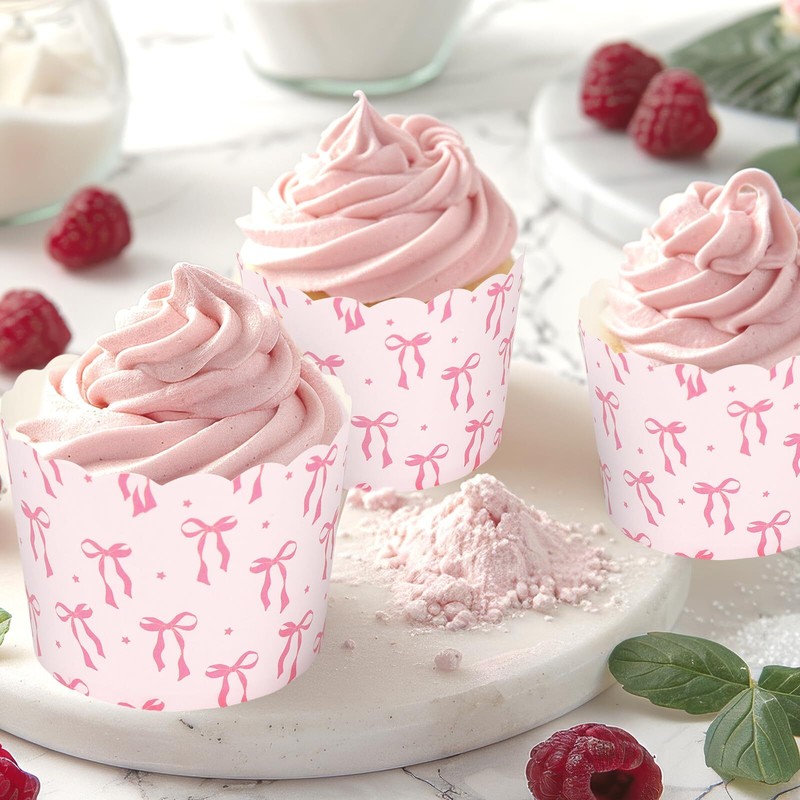100Pcs Pink Bow Paper Baking Cups Bowknot Cupcake Wrappers Pink Ribbon Bow Sc... gallery