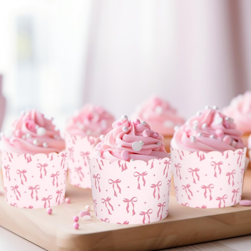 100Pcs Pink Bow Paper Baking Cups Bowknot Cupcake Wrappers Pink Ribbon Bow Sc... gallery