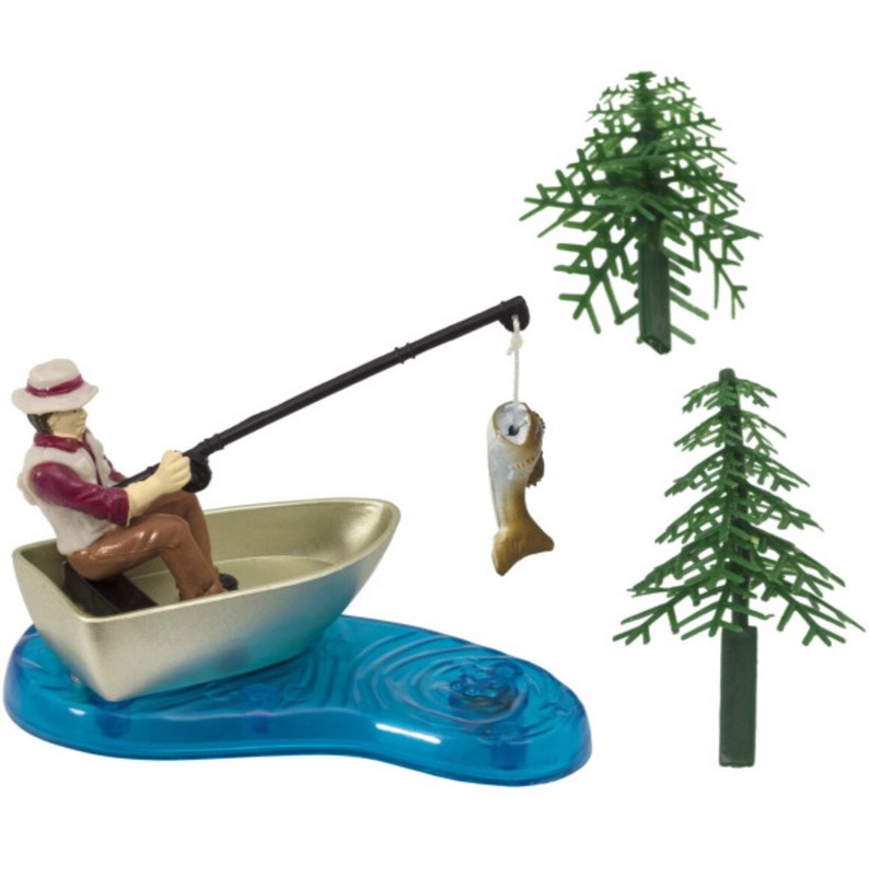 Fisherman with Magnetic Action Fish and Pine Trees Cake Topper Set DECOPAC NIP