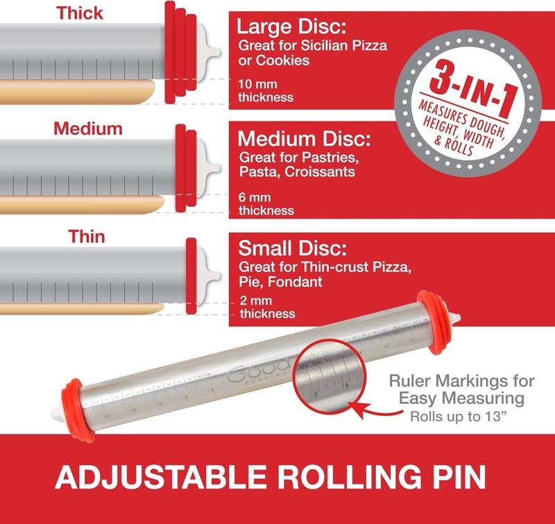 Adjustable Rolling Pin- Stainless Steel French Dough Roller w 13" Barrel and 3 gallery