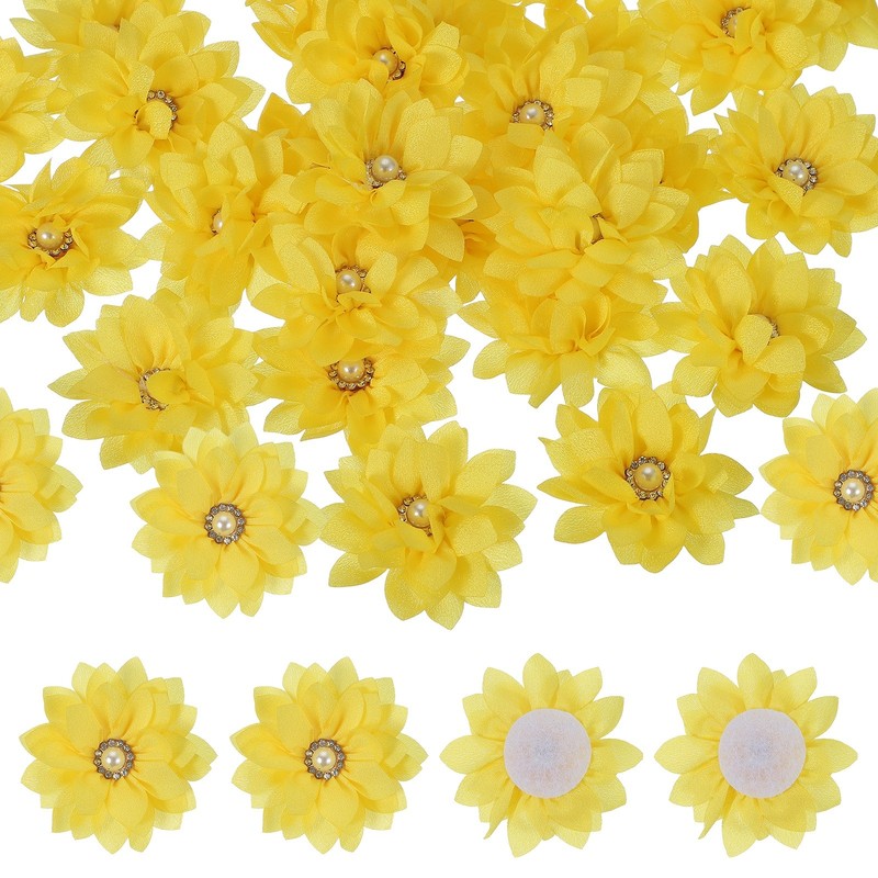 15Pcs 2″ Fabric Flowers Rhinestone Pearls Sewing Fabric Flowers Yellow