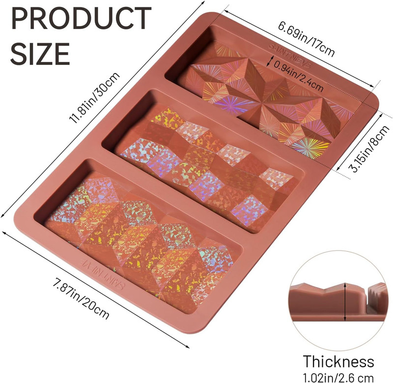 Holographic Chocolate Bar Mold, Large Thick 3-Cavity Silicone Mold for Chocolate gallery