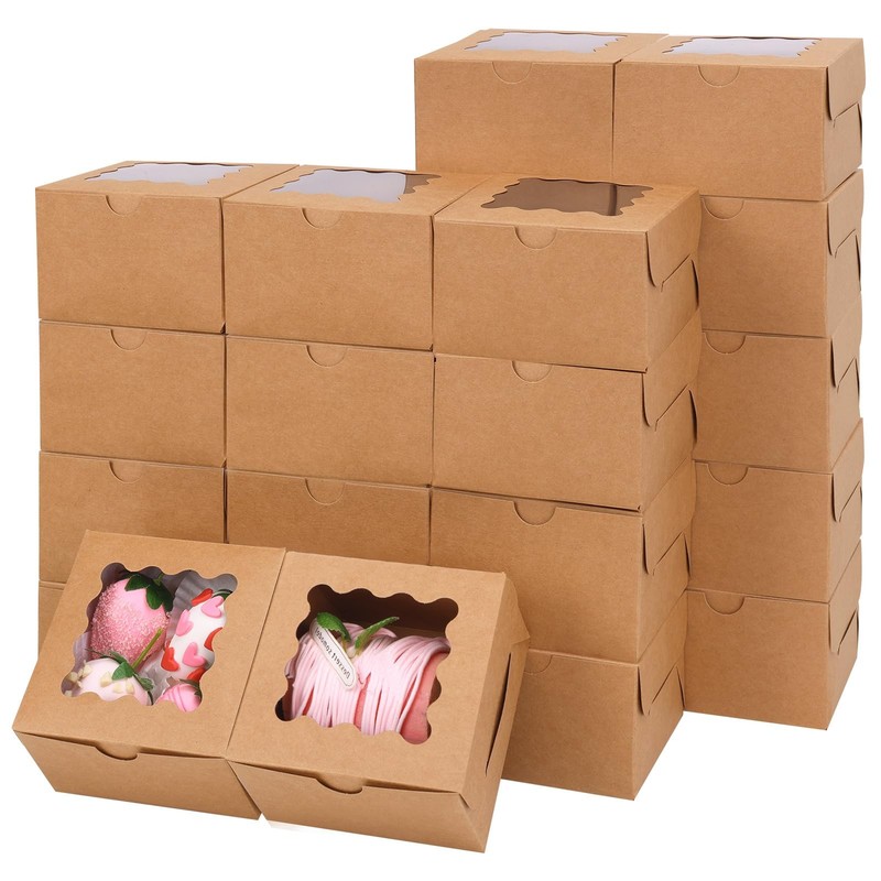 24pcs Bakery Boxes with Window, 4x4x2.5 Inches Brown Cookie Boxes for Small P