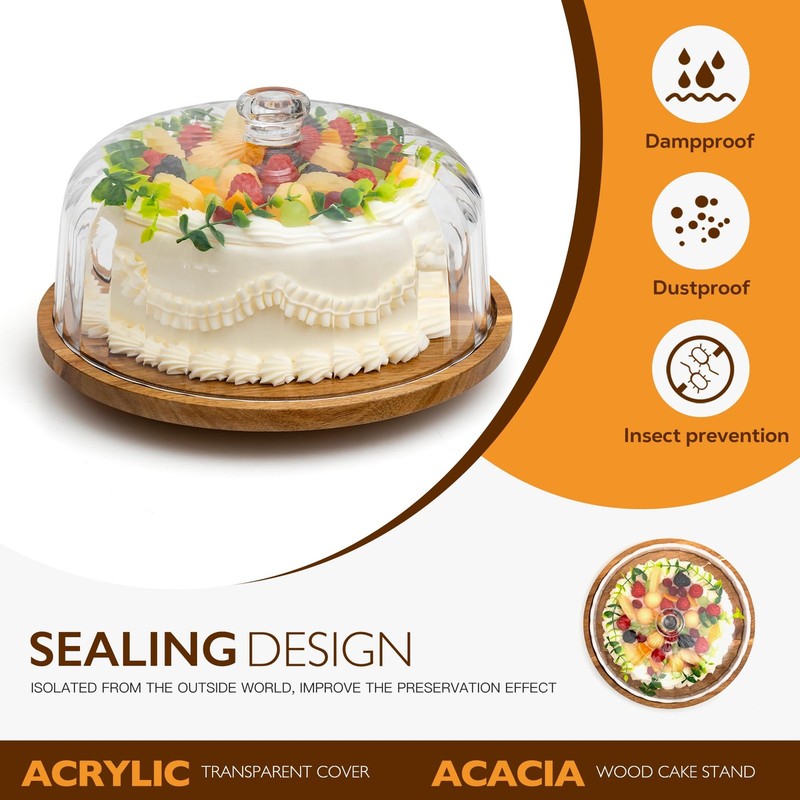 Cake Stand with Lid, Rotating Cake Holder with Dome, Wood Lazy Susan with Cov... gallery
