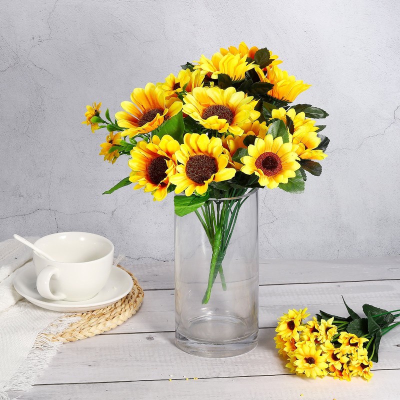 2Pcs 6 Heads Artificial Silk Sunflowers with Stems, Light Orange gallery