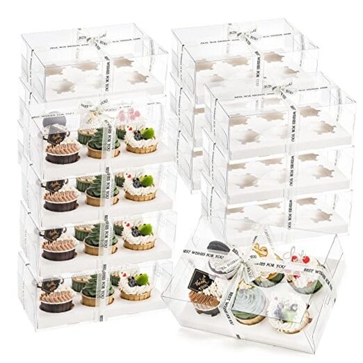 15 Pack Clear Cupcake Boxes, 6 Count Cupcake Containers with Gift Ribbon,