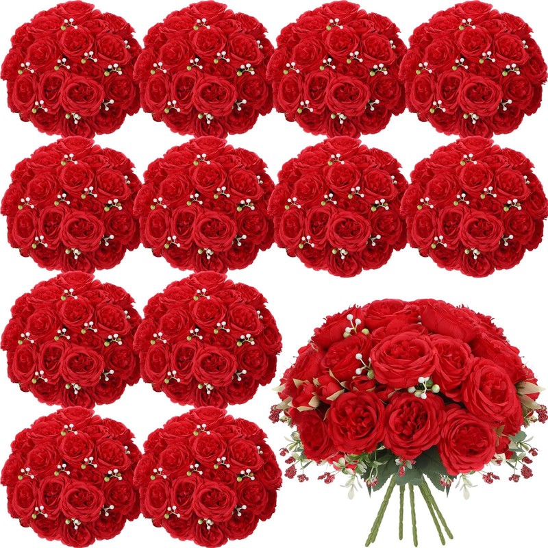 Geosar 16 Bundles Artificial Peony Flowers Silk Faux Peonies Bouquet Red Decor