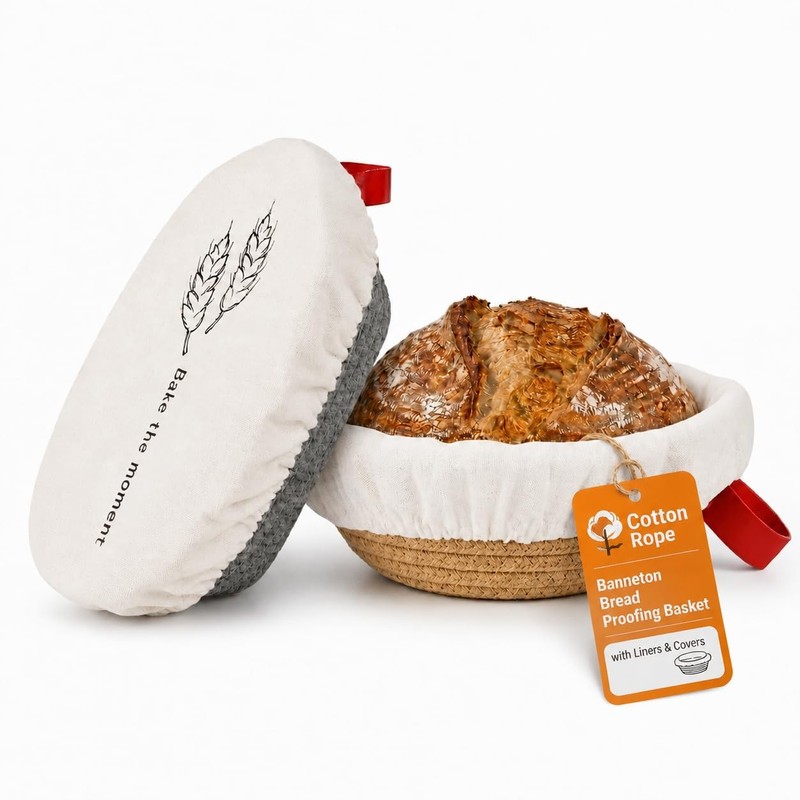Sogoumi Cotton Rope Banneton Bread Proofing Basket Set, 10″ Oval & 9″ Natural