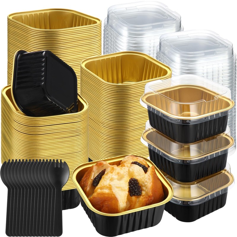 200 Pack 5 oz Mini Cake Pans with Lids and Spoons Bulk Small Aluminum Foil Sq…