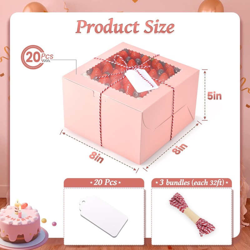 20 Pcs 8x8x5 Inch Pink Bakery Boxes, Window, Cake, Pastries, Pie, Cookies, Box gallery