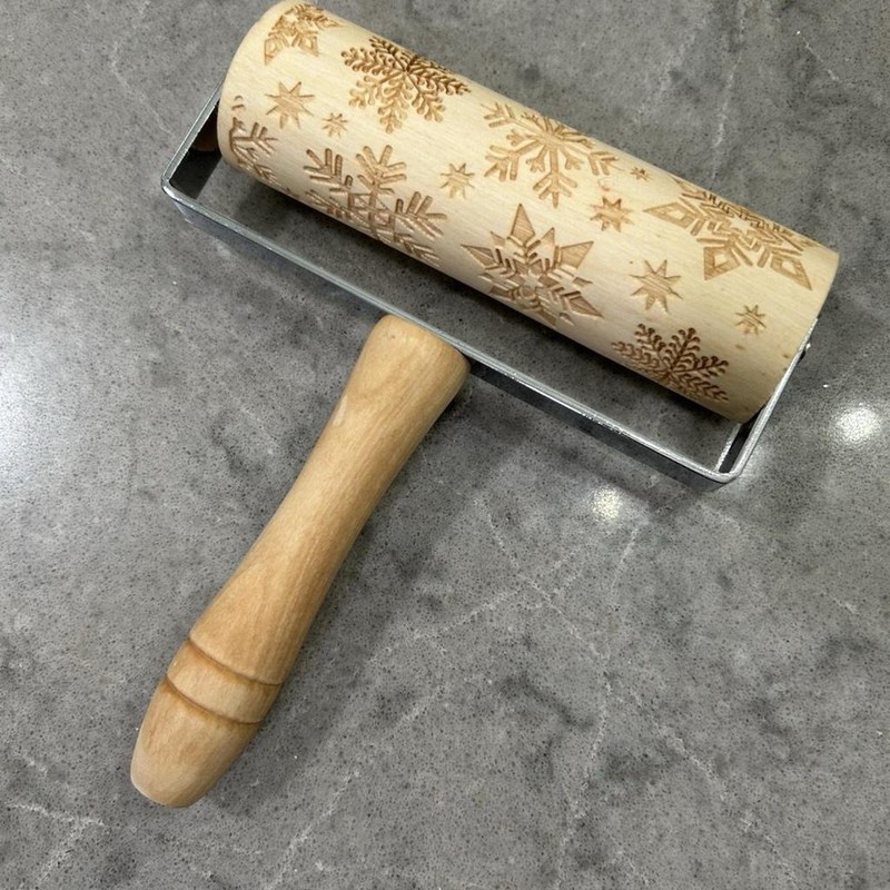 Single Hand Wooden Snowflake-Embossed Rolling Pin Festive Cooking Fun 5" Surface gallery