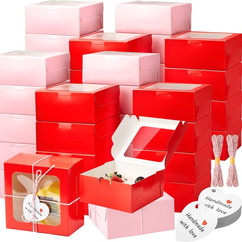 100 PCS 4x4x2.8 Inch Valentine Cookie Boxes Window Red Pink Pastry Bakery
