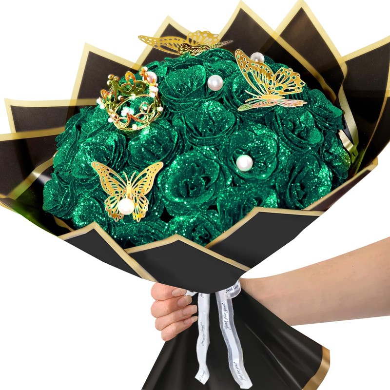 Suryushi Dark Green Glitter Roses Bouquet 24 Pcs Shiny Glitter Flowers Bouquet gallery