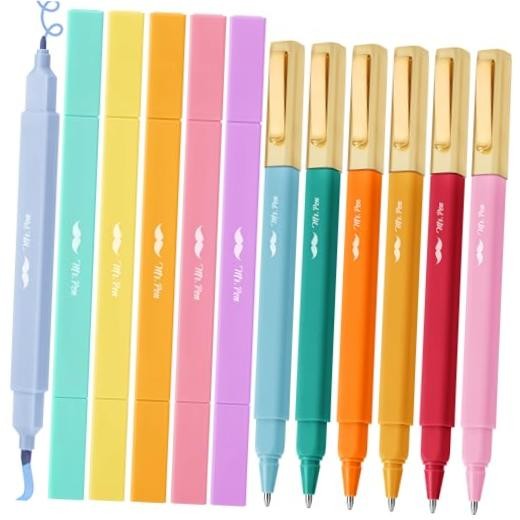 – Dual Tip Aesthetic Highlighters and Ballpoint Pens No Bleed, 12 Pack,