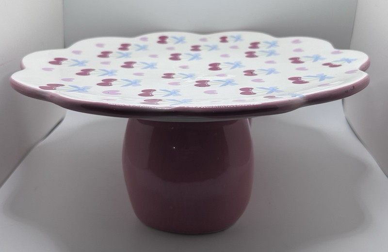 Whimsical Cherry And Hearts Pink & Blue Bows Pedestal Cake Stand W/Pink Bow gallery