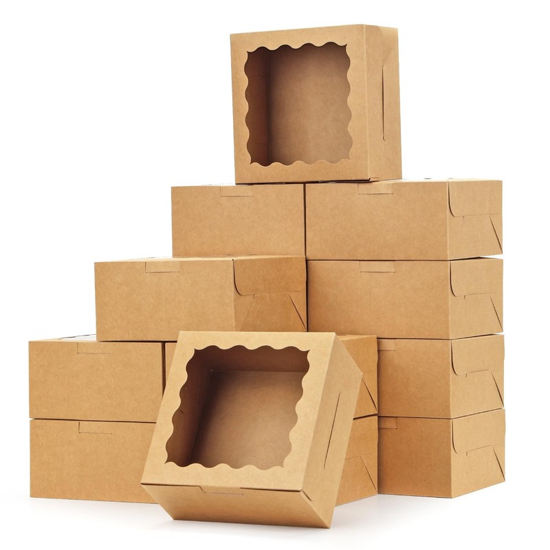 15 PCS 6x6x3-inch Brown Bakery Boxes with Window for Small Treats Donuts