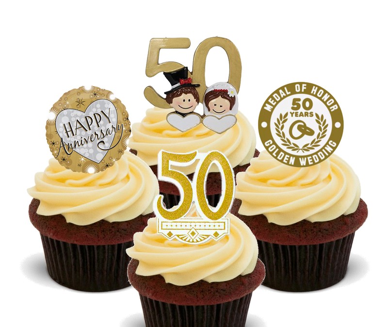 Gold / Golden Wedding Anniversary Edible Cupcake Toppers, Stand-up 50th