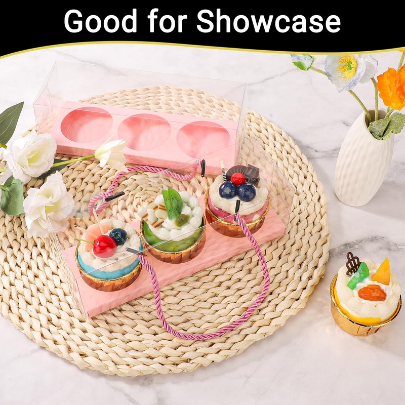 20 Pcs Clear Cupcake Boxes 9x3x3 Inch Pink Muffin Container 3 Compartments gallery