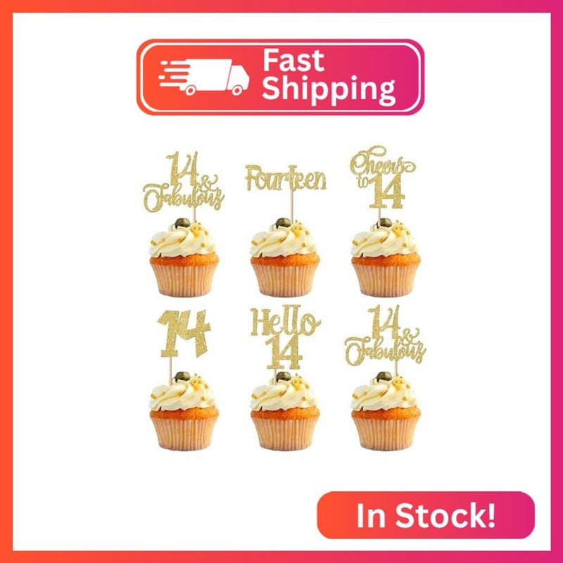 30 Pack 14th Birthday Cupcake Toppers Glitter Fourteen Cheers to 14 Cupcake Pick