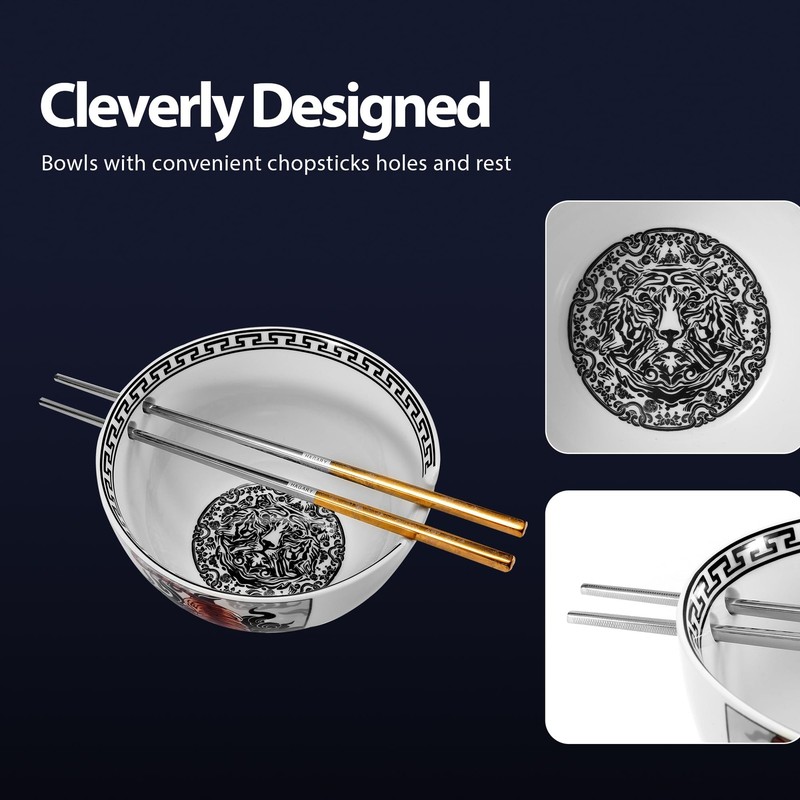 Tiger Ramen Bowl with Chopsticks Ceramic Bowl Stainless Steel Chopsticks Japa... gallery