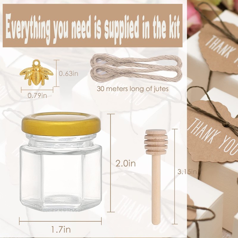 60 Pack Mini Honey Jars/Pot Metal Lids,1.5 oz Glass,Wooden Dippers,Bee Charms... gallery