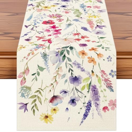 Wildflowers Floral Spring Table Runner, Summer Flowers Plants 13" x 72" Bloom