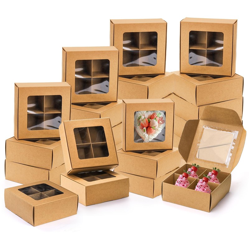40 Pack Brown Bakery Boxes with Window and Dividers, 6 x 6 Inch Mini Pastry B…