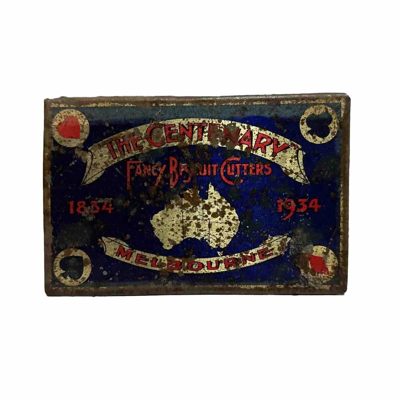 Centenary of Melbourne Vintage cookie cutter set in Original Tin, Australia 1934