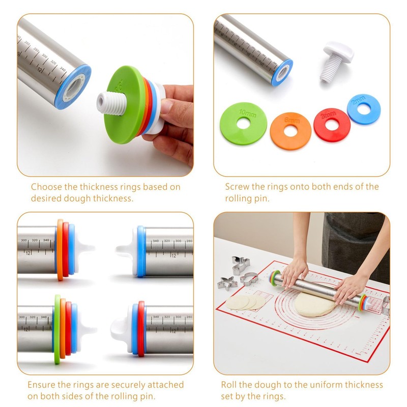 Rolling Pin with Thickness Rings, 17" Adjustable Stainless Steel Rolling Pins... gallery
