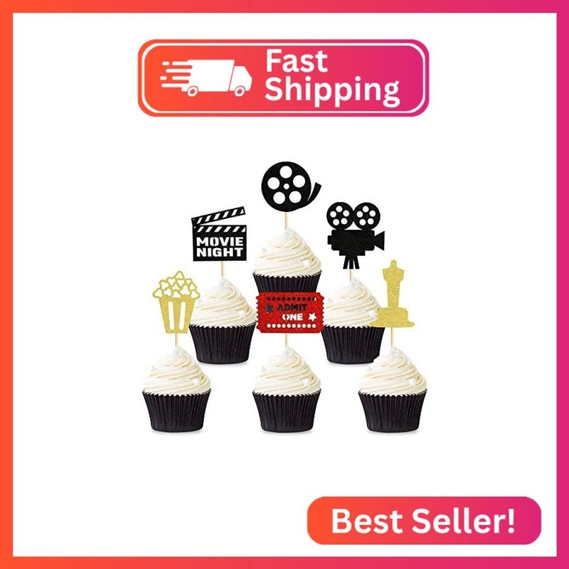 Ercadio 36 Pack Glitter Movie Cupcake Toppers Film Camera Popcorn Clapper Board