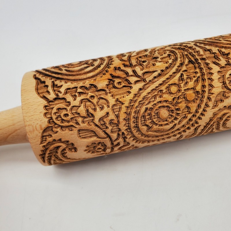Wooden Rolling Pin Paisley Floral Engraved Embossing 14.5″