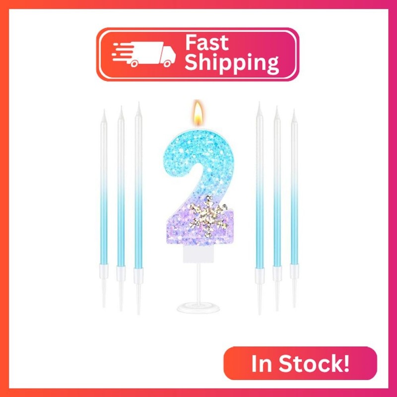 MTLEE Number 2 Birthday Candle Blue Snowflake with 6 Long Thin Cupcake Candles B