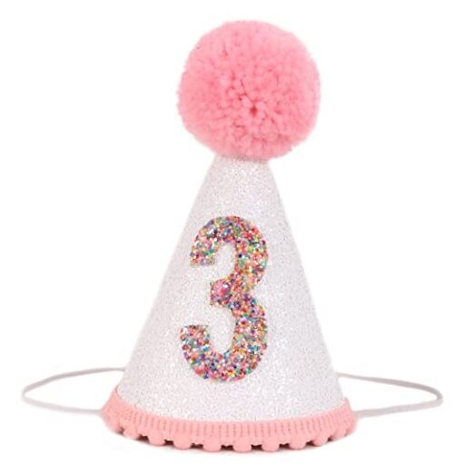 Birthday Hat for Girls – Glitter Birthday Hat with Pink Pom 3rd Birthday Hat