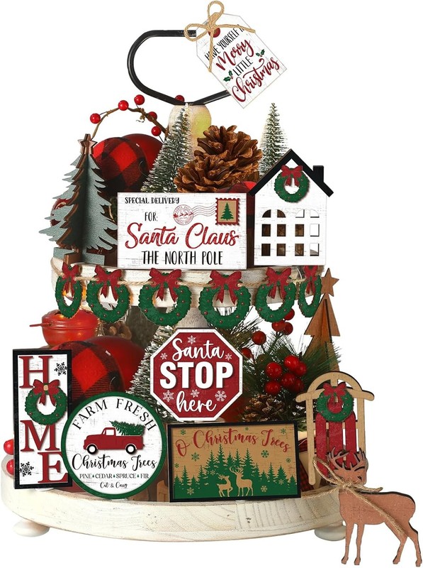 17 Pcs Christmas Tiered Tray Decor Set Winter Multicolor