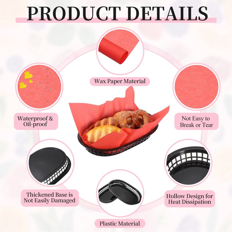 50pcs Solid Color Wax Paper Sheets with 5 Pcs Fast Food Baskets, Red gallery