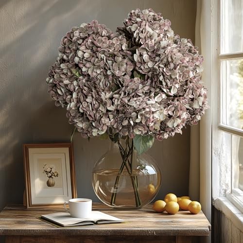 Artificial Flower Fake Silk Hydrangea Heads Bouquet with Stems Bulk for Brown