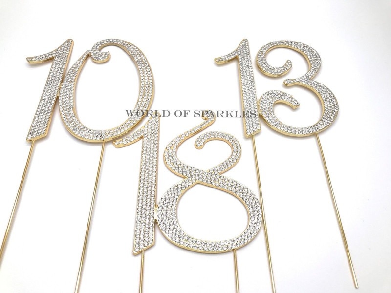 Birthday Cake Topper Pick Number Large Diamante Diamond Gold Rhinestone 7cm gallery